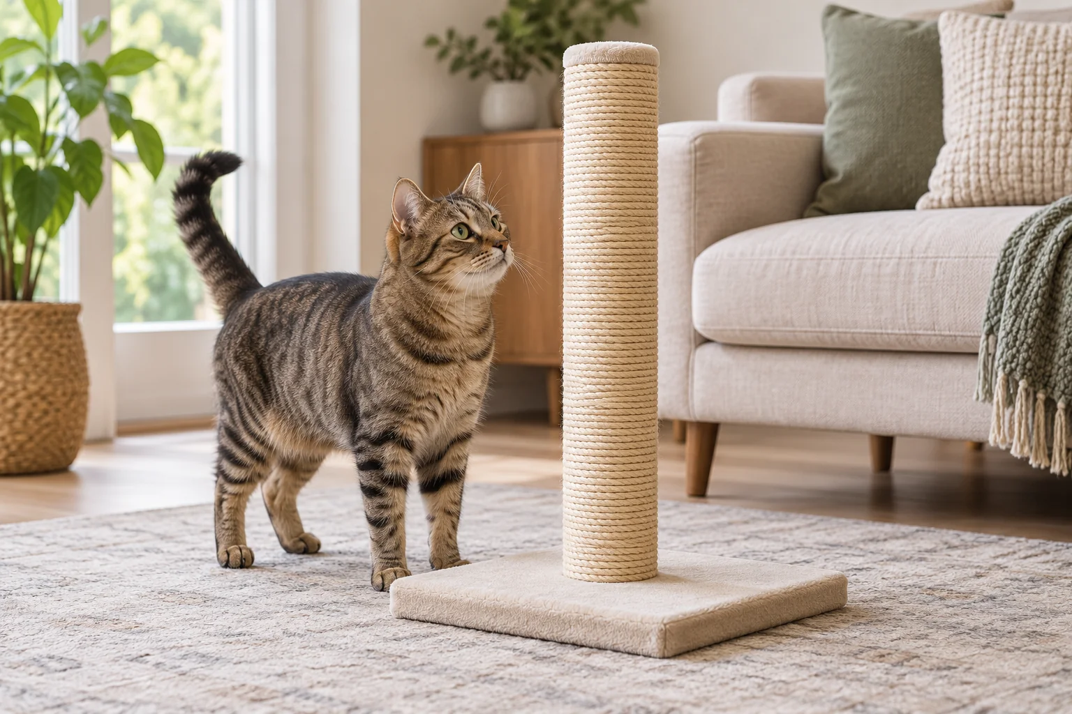 Cat beside a sisal post with a broad base, illustrating how to choose the best cat scratching post