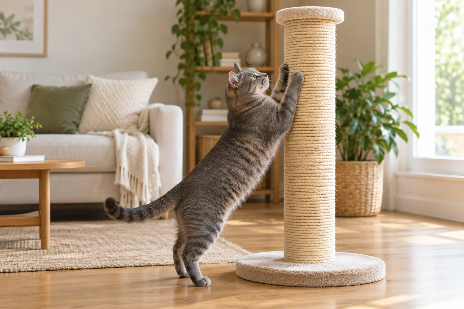 Cat stretching upward on the usable sisal surface of a vertical scratching post
