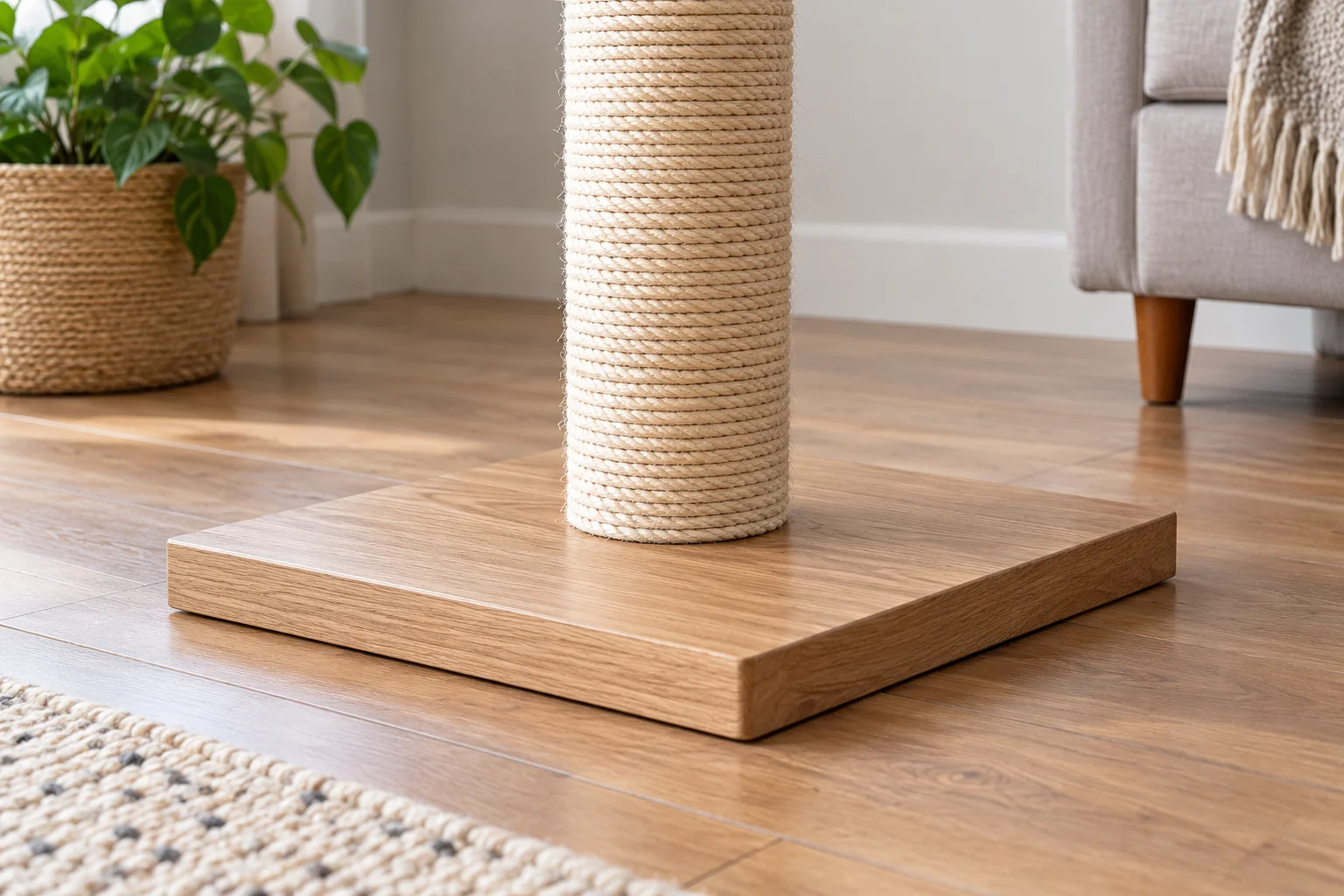 Close view of an assembled scratching post base resting on a level floor