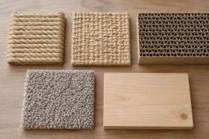 Cat scratching material samples showing sisal rope, woven sisal, cardboard, carpet and wood