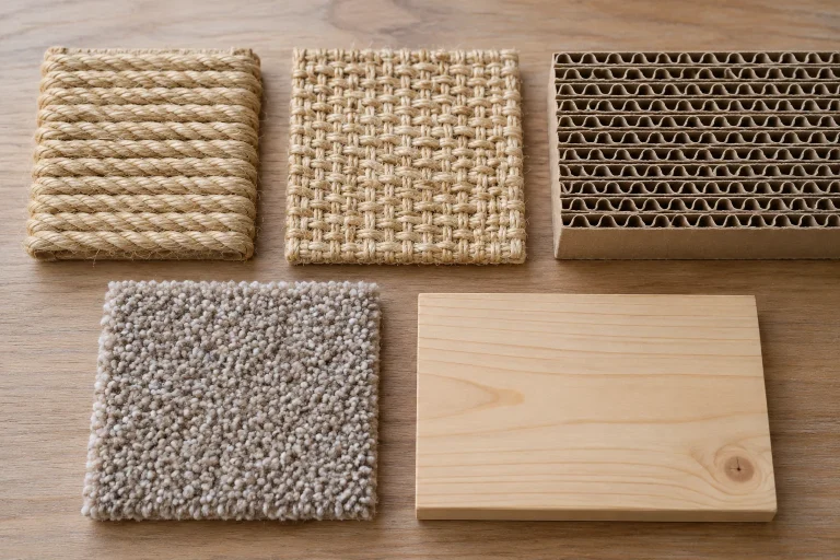 Cat scratching material samples showing sisal rope, woven sisal, cardboard, carpet and wood
