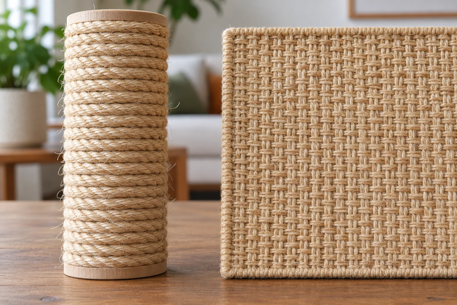 Close-up of adjacent sisal rope turns and a flat woven sisal scratching surface