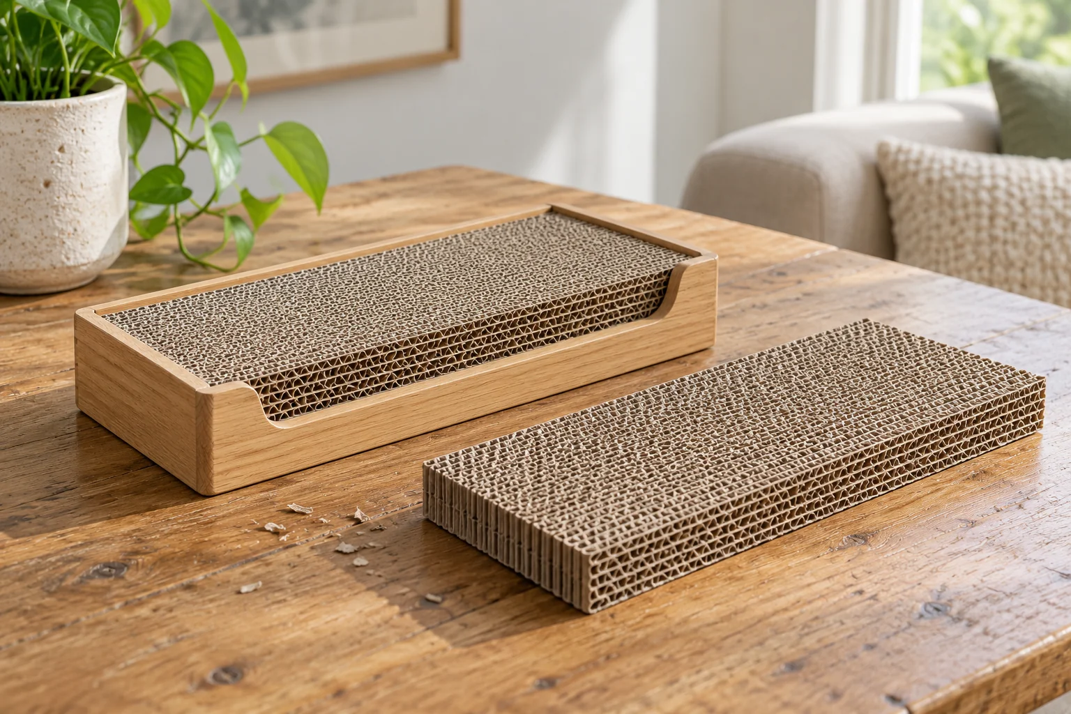 Corrugated cardboard scratching pad and matching insert beside a plain holder