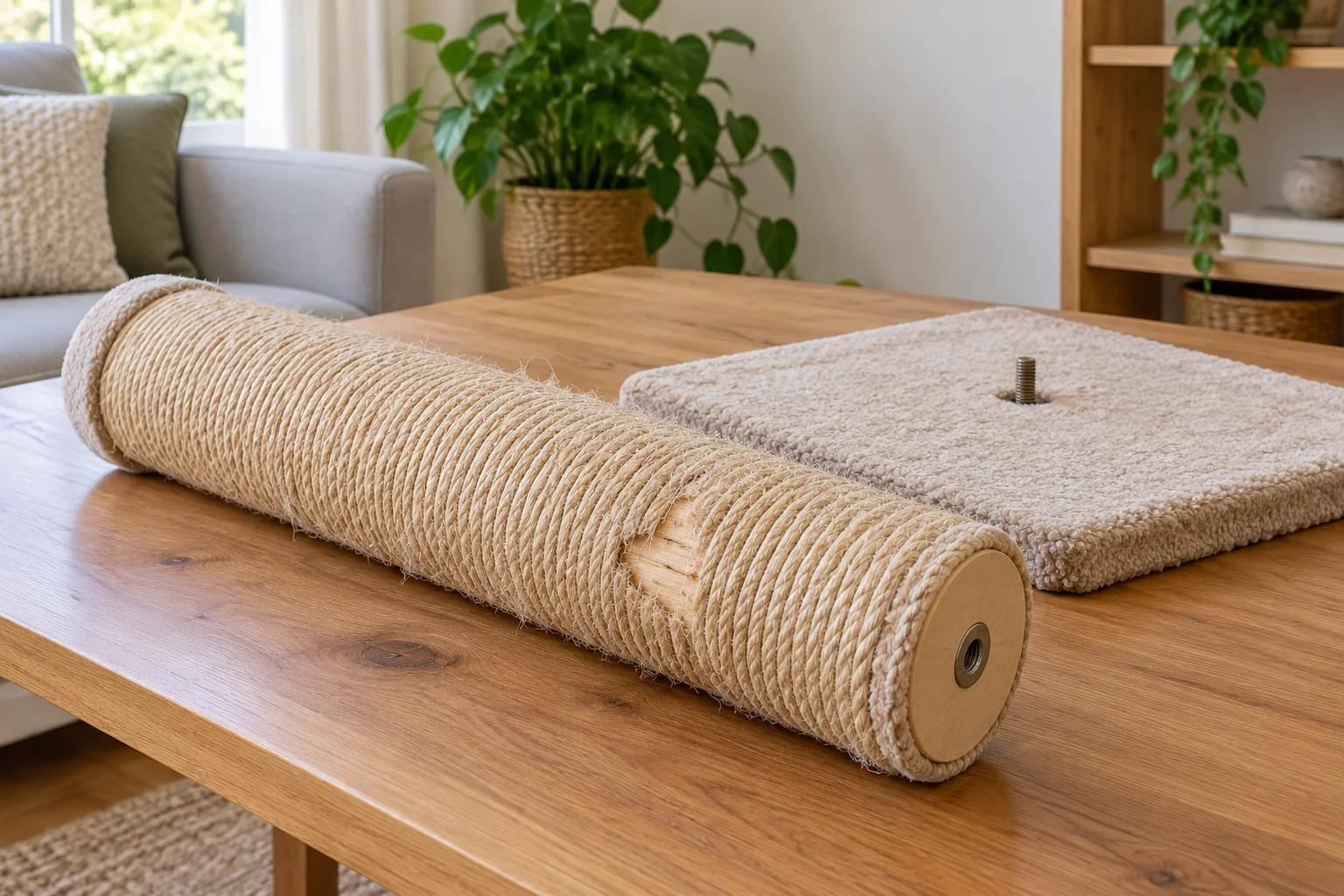 Worn sisal covering on a scratching post shown beside its base for inspection