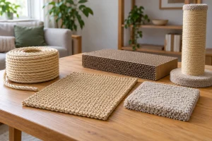 Cat scratching post replacement material samples with sisal rope, fabric and cardboard