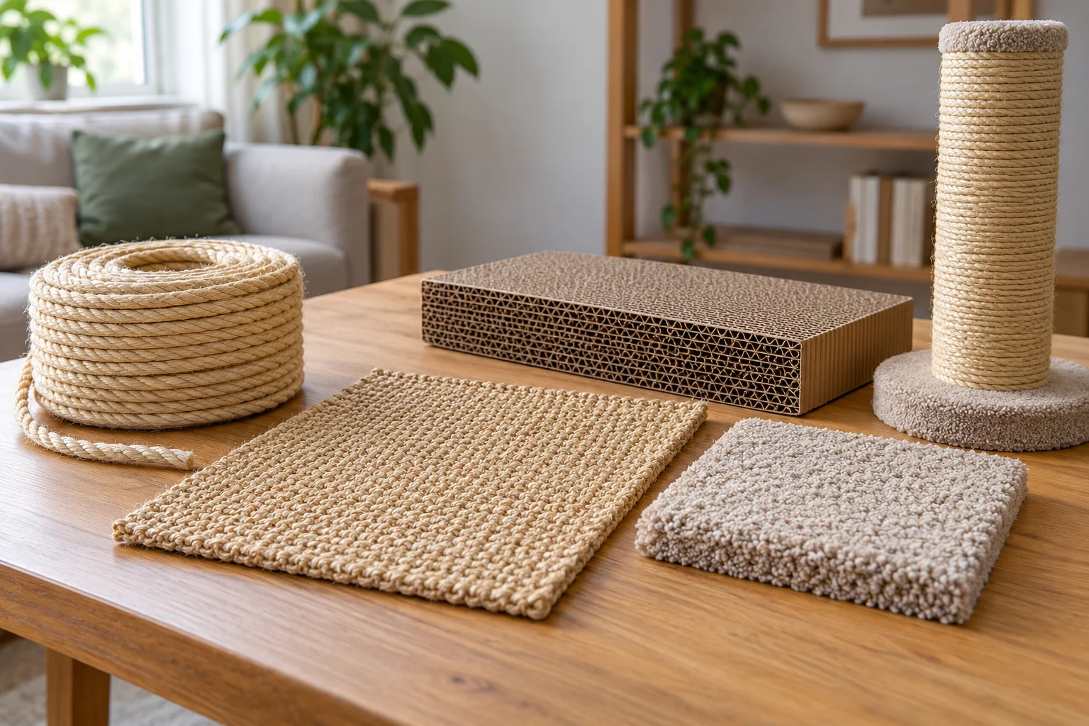 Cat scratching post replacement material samples with sisal rope, fabric and cardboard