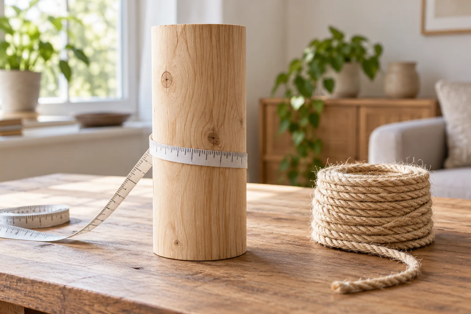 Flexible measuring tape around a bare scratching post column beside a rope coil