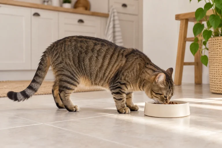 Cat reaching a floor-level bowl in an ordinary feeding position