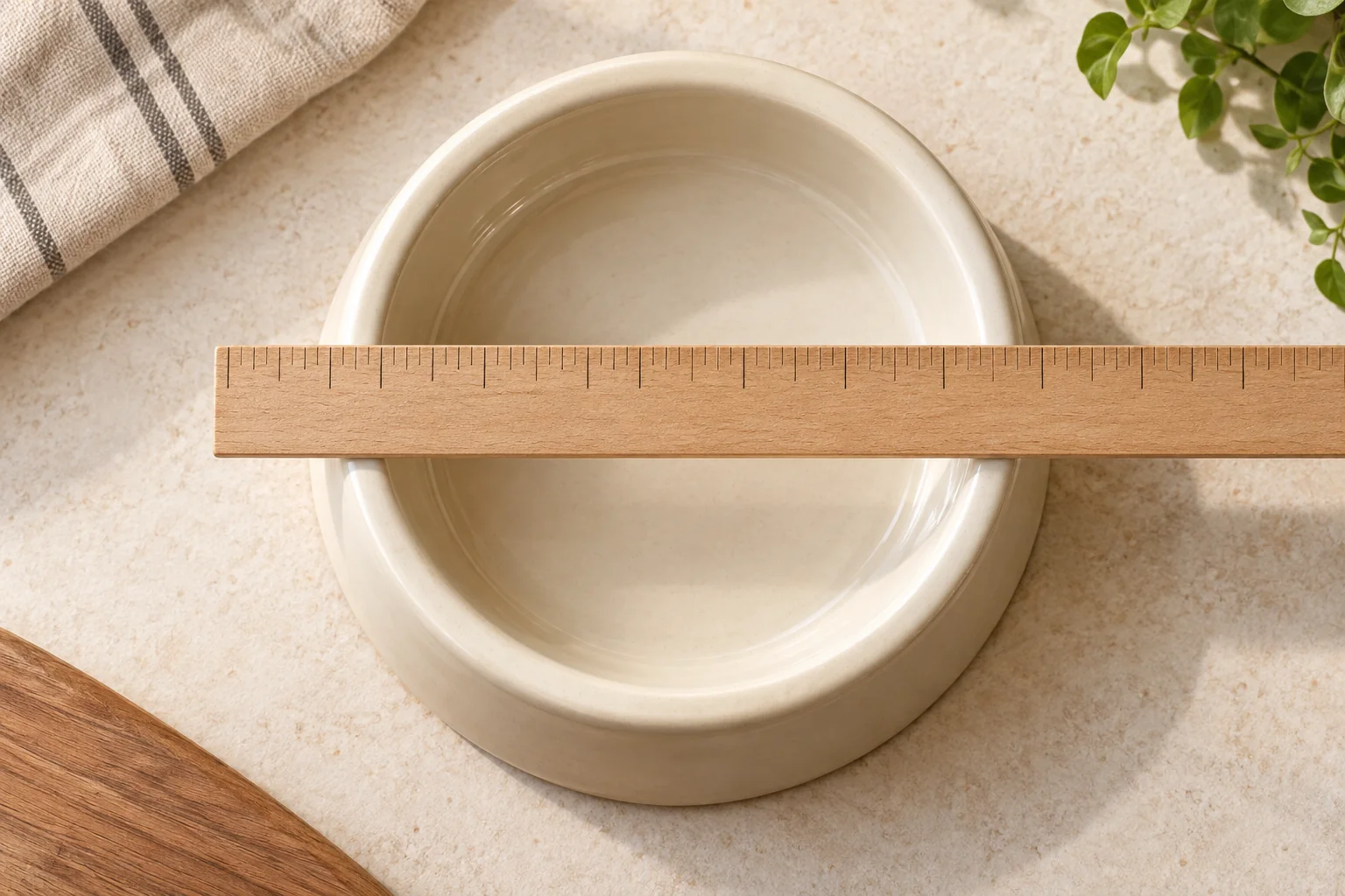 How wide should a cat bowl be? A ruler shows the clear inner opening