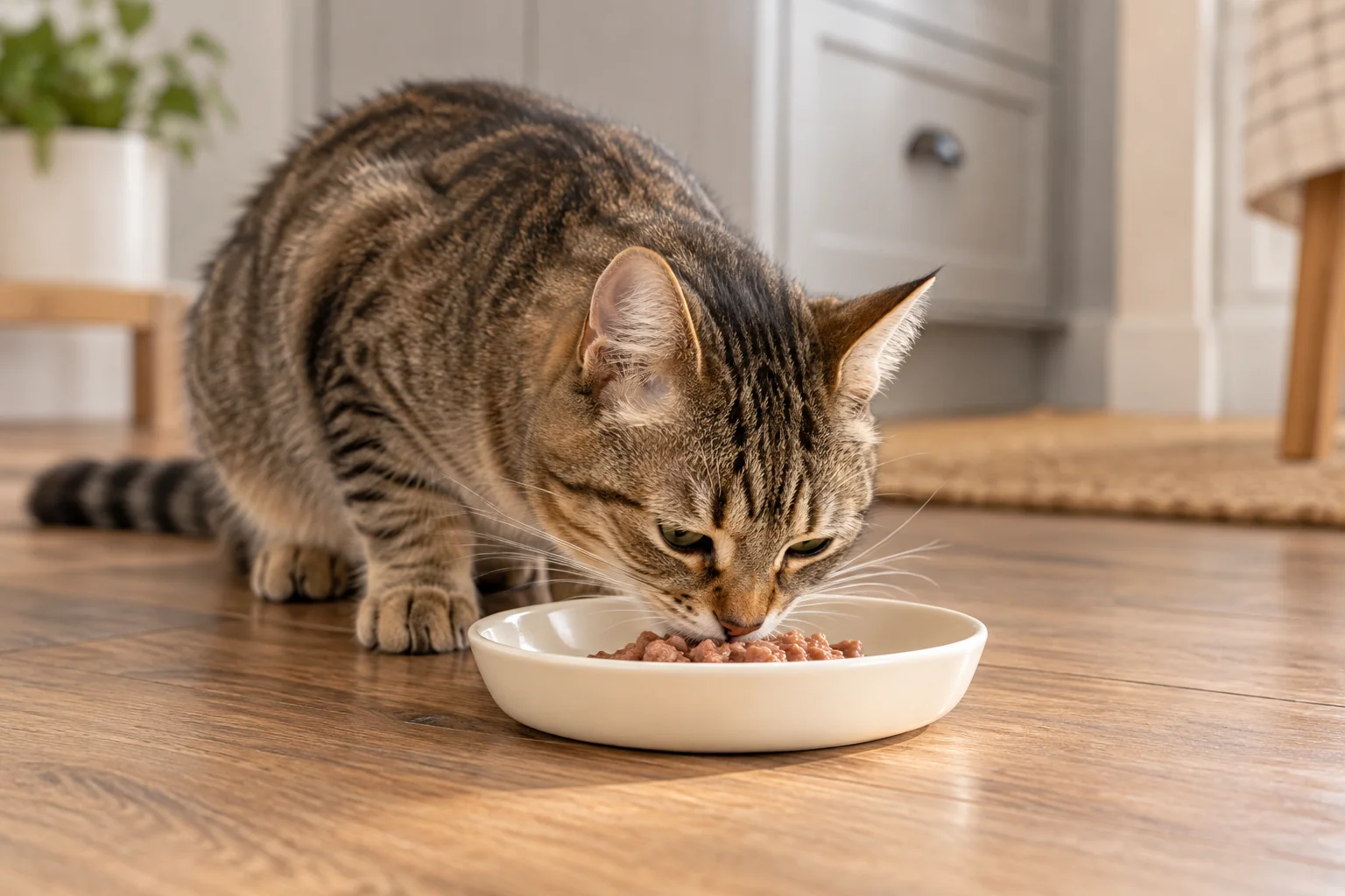 Cat voluntarily reaching food in a shallow dish with whiskers visible