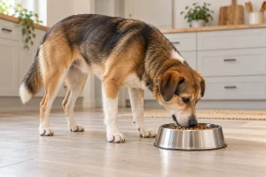 Dog approaching a food bowl with a clear opening and visible rim