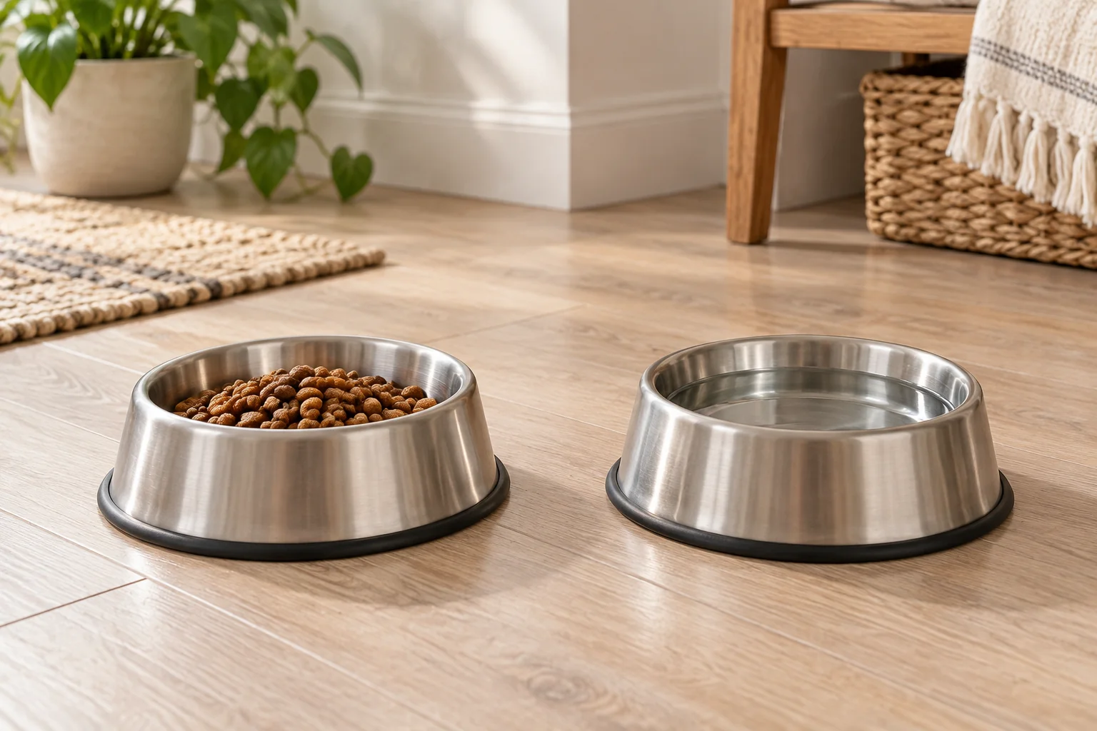 Separate food and water bowls shown with different contents and fill levels