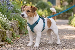 Small dog wearing a walking harness with a compatible leash clip