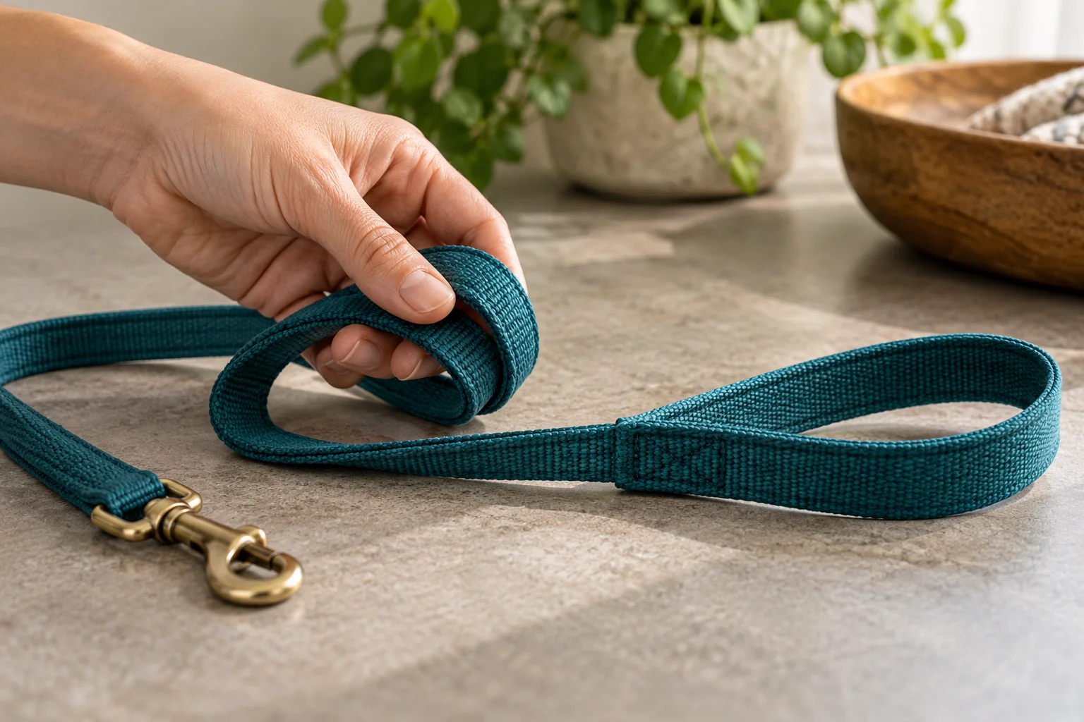 Small dog leash strap and handle examined for practical grip
