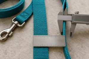How wide should a dog leash be? Flat strap with an unnumbered ruler and caliper
