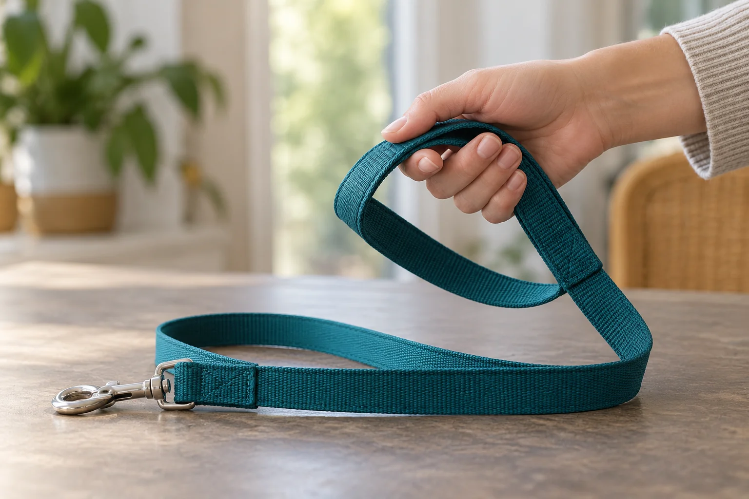 Trying a dog leash handle and strap in the hand