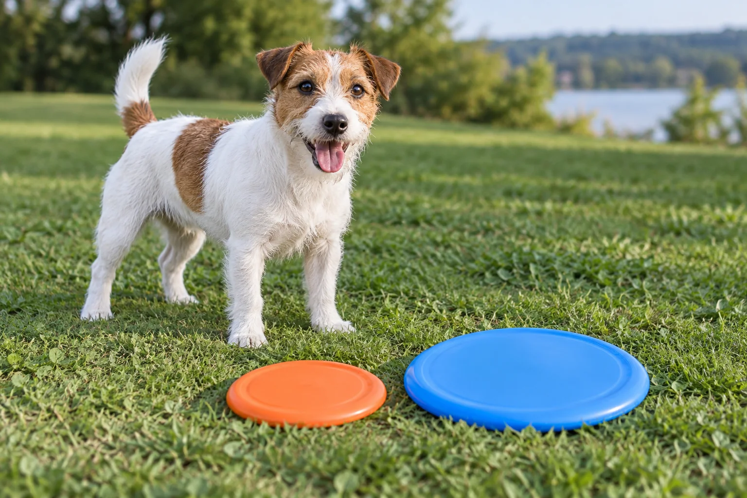 Dog beside two dog frisbee sizes resting on level grass