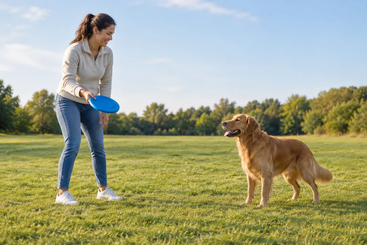 Handler preparing a controlled dog frisbee throw in an open grassy area