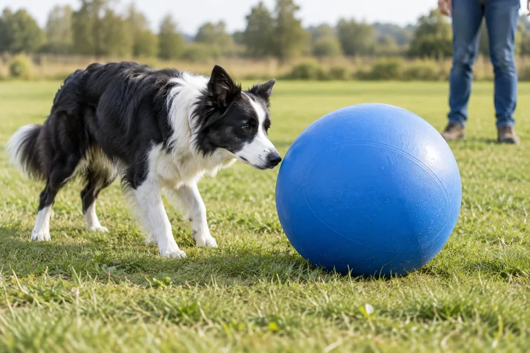 Dog approaching a large herding ball for supervised push play on grass