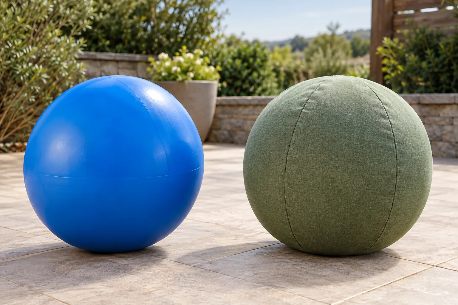Hard-shell herding ball beside a fabric-covered inflatable herding ball