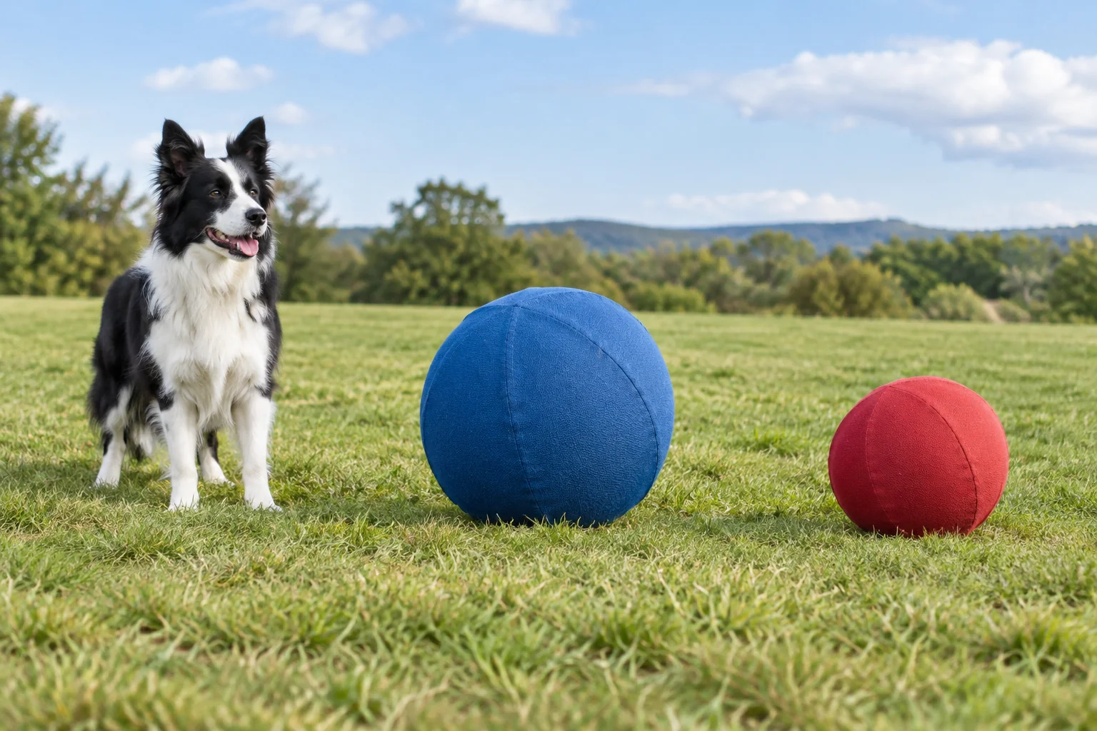 Two herding ball sizes shown with open play space and a relaxed dog