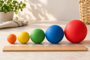 Dog ball size chart concept with different fetch ball diameters beside a ruler