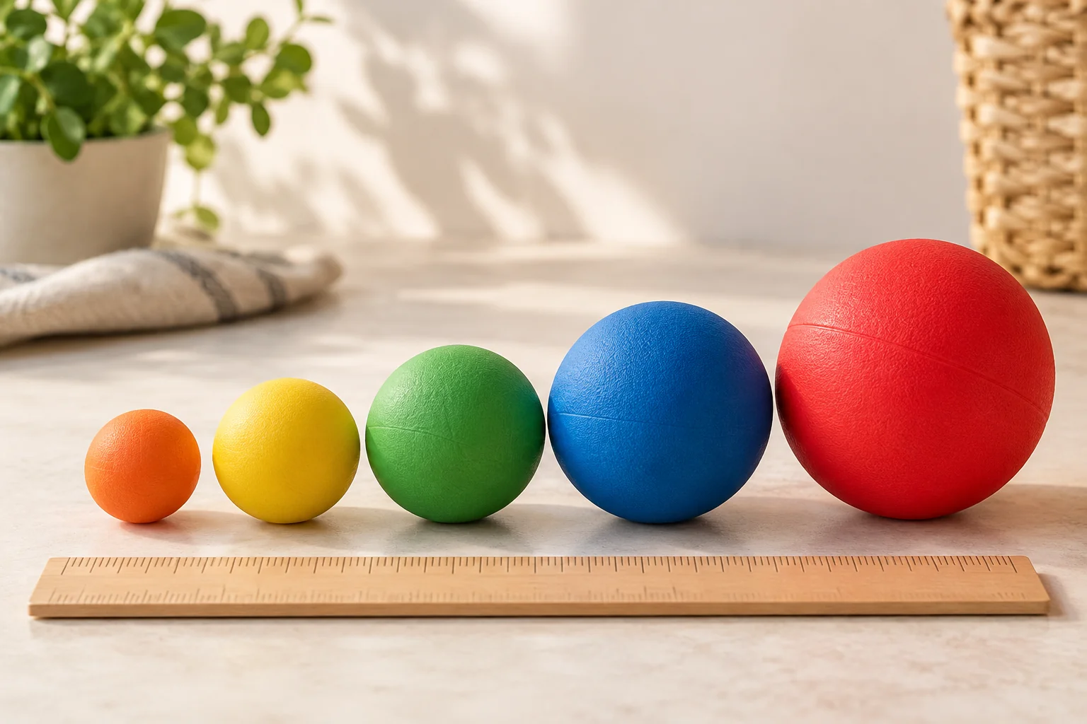 Dog ball size chart concept with different fetch ball diameters beside a ruler