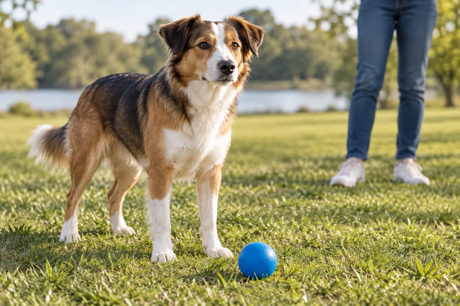 Dog standing beside a fetch ball during a supervised size check