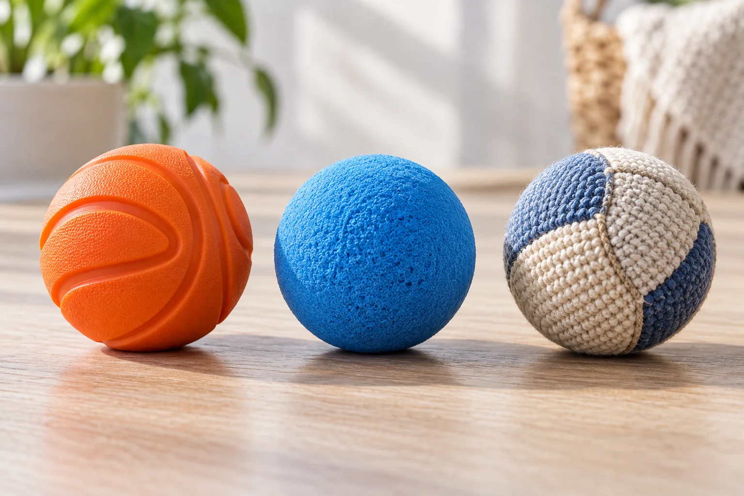 Rubber foam and fabric-covered fetch ball constructions on a tabletop