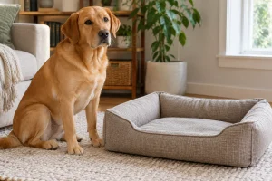 Dog beside a plain woven bed being assessed for chewing access points