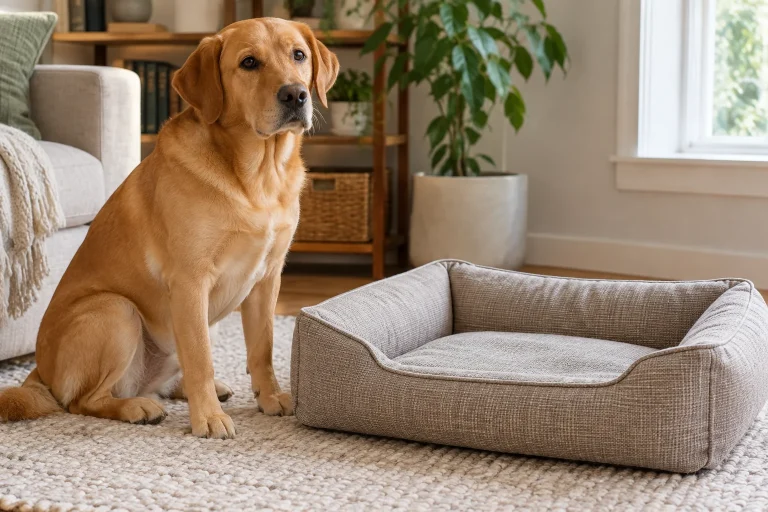 Dog beside a plain woven bed being assessed for chewing access points