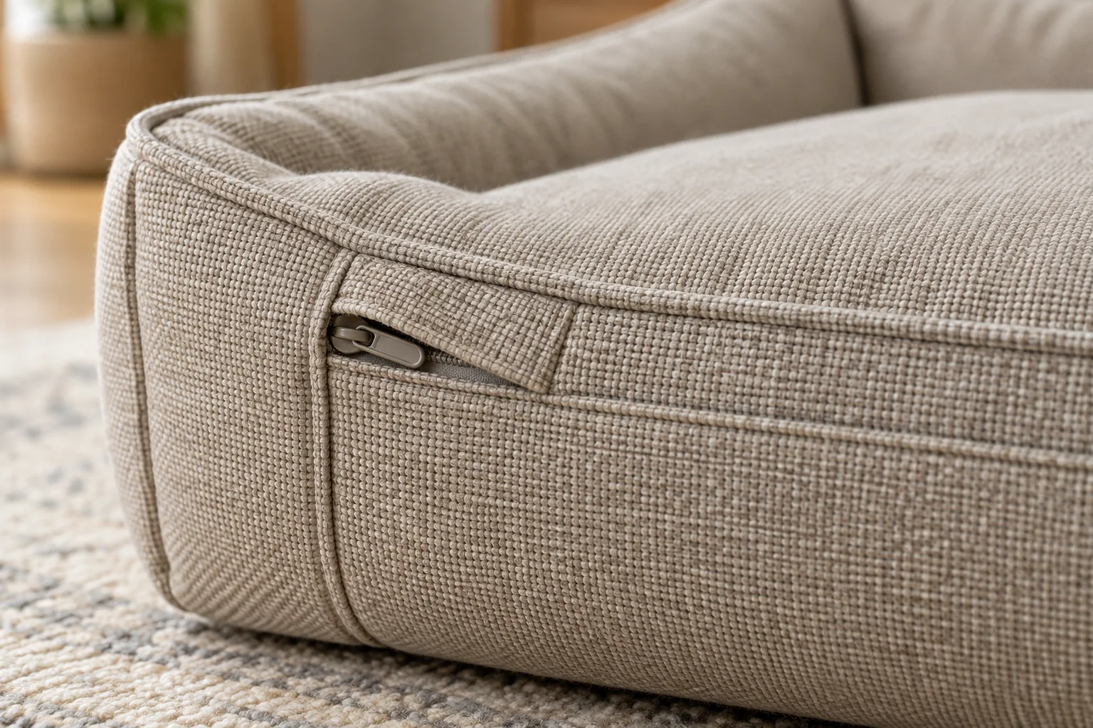 Close view of a dog-bed seam and covered zipper pull