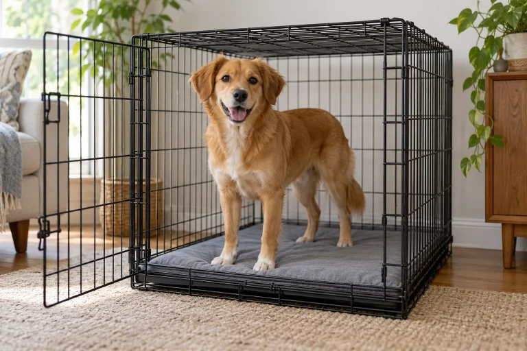 Dog standing on a low crate pad with room above its head