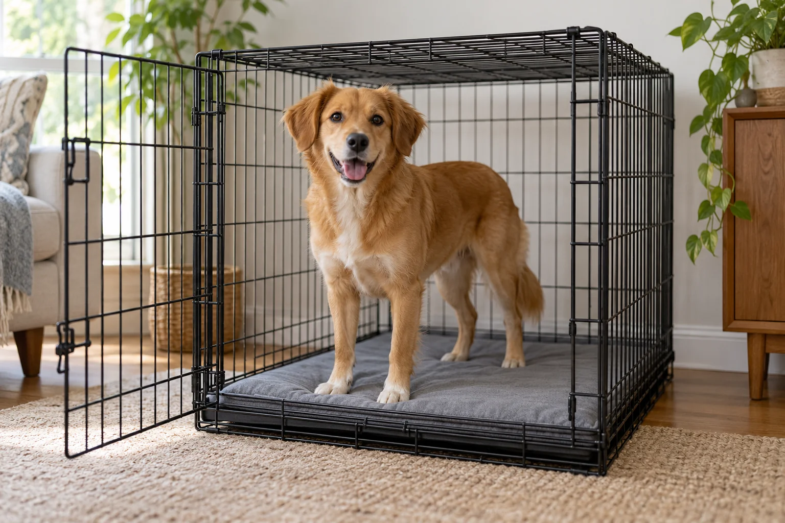 Dog standing on a low crate pad with room above its head