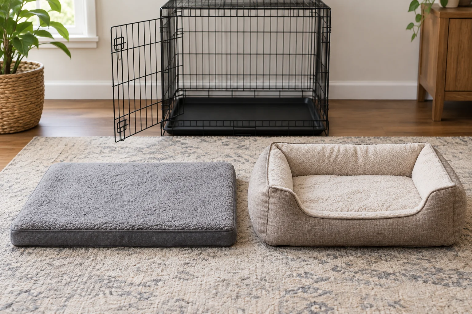 Flat crate mat beside a bolstered bed for comparing usable space