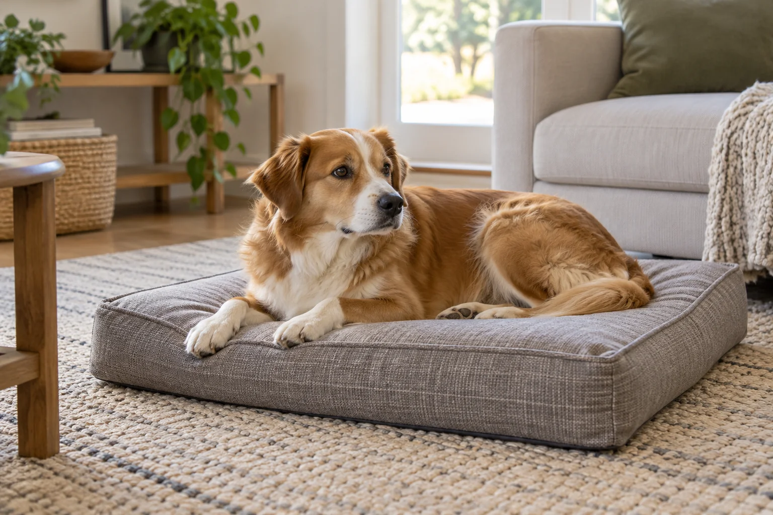 Dog resting on an open orthopedic dog bed with a low entrance