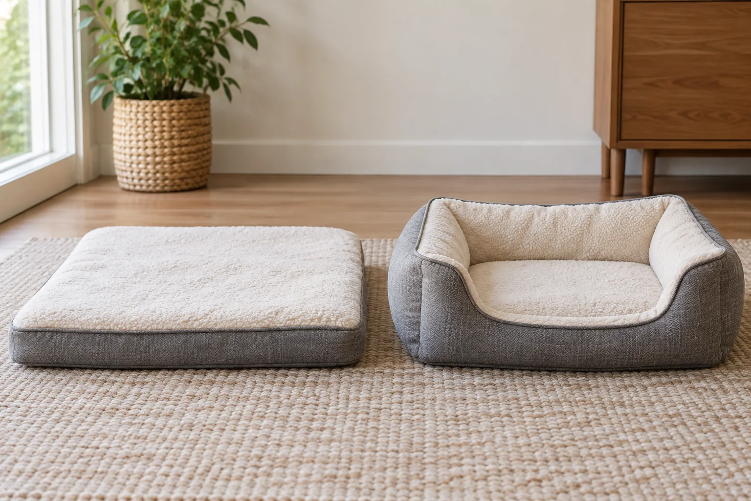 Flat dog-bed mattress beside a bolstered bed with an open front