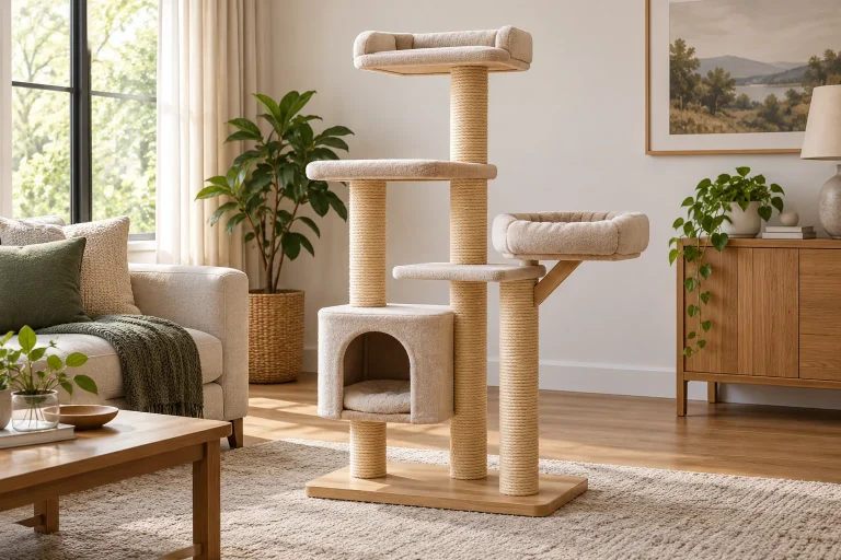 Tall cat tree with a complete multi-tier footprint in a living room