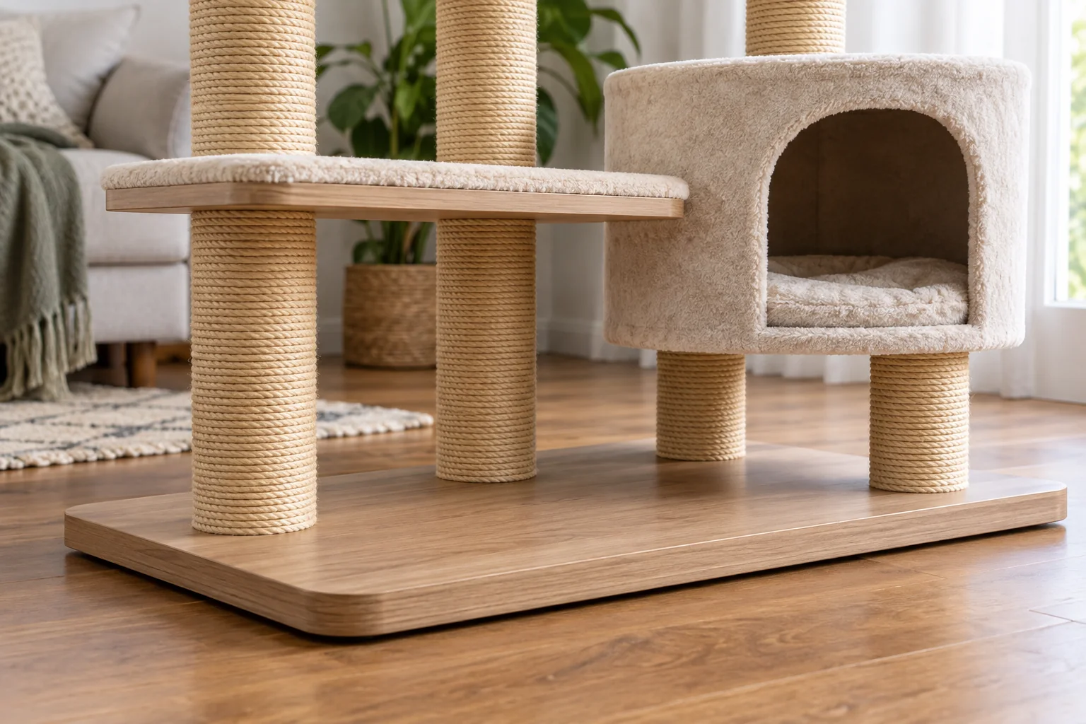 Base, support posts and lower connections of a tall cat tree