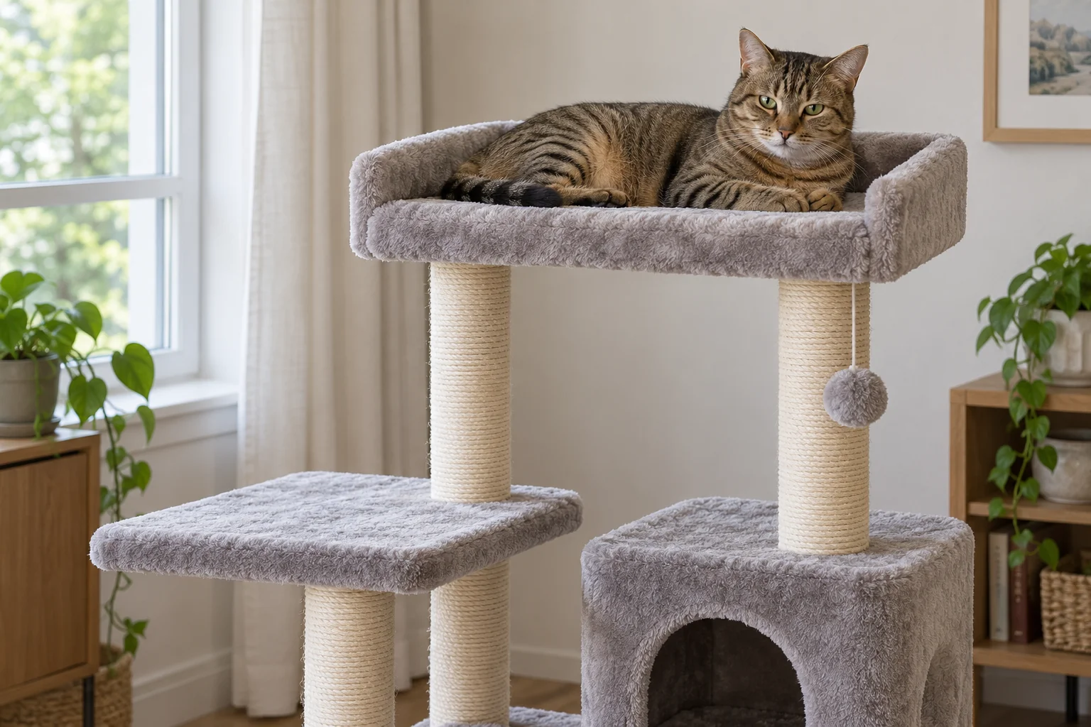 Cat resting within a padded perch with an offset platform below it