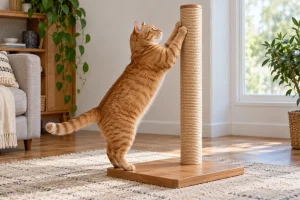 Cat reaching up the usable surface of a vertical scratching post