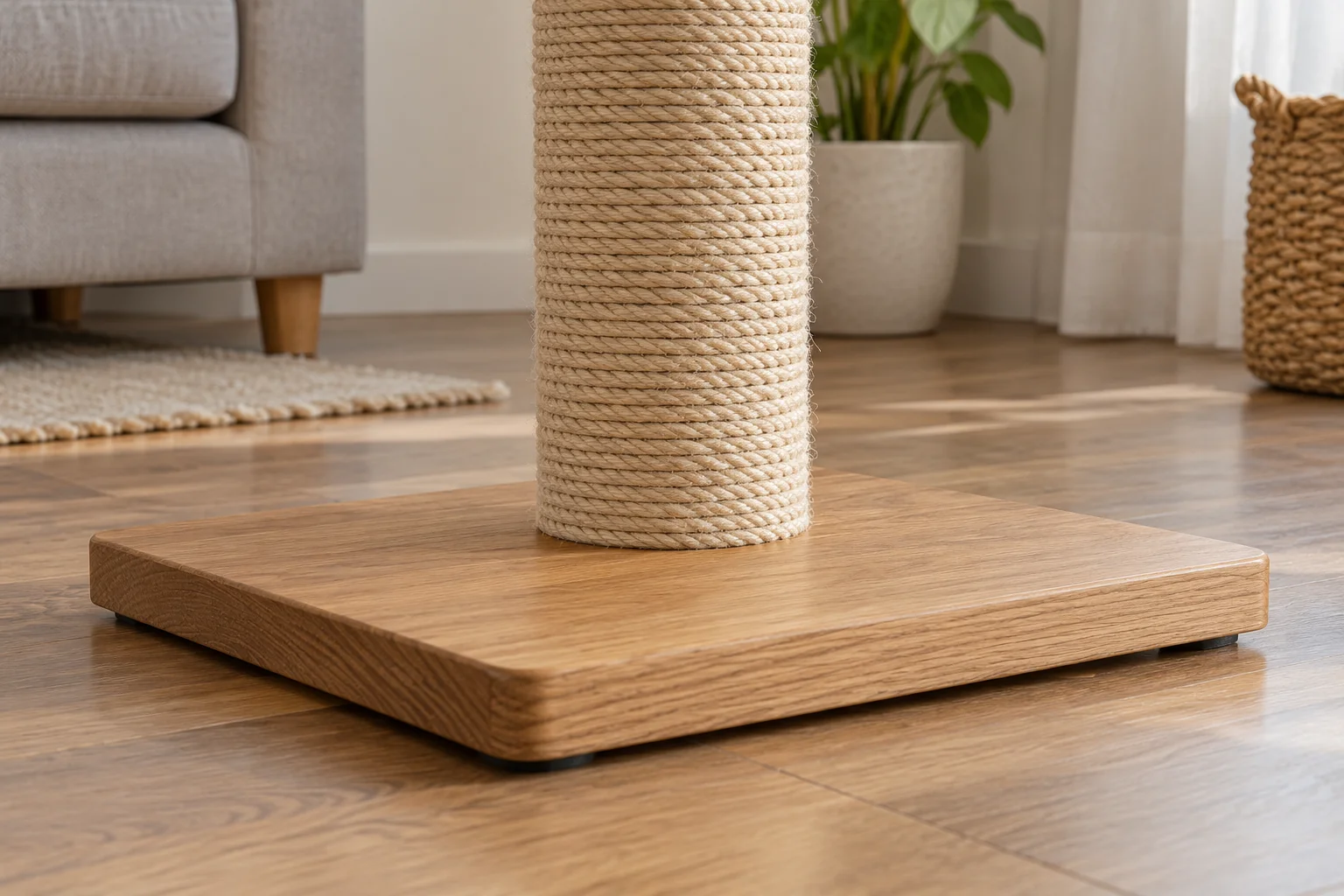 Base and lower connection of a vertical cat scratching post on a level floor