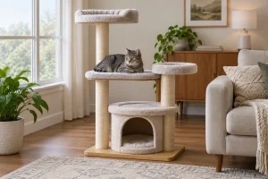 Tall cat tree with a cat resting on an accessible middle platform