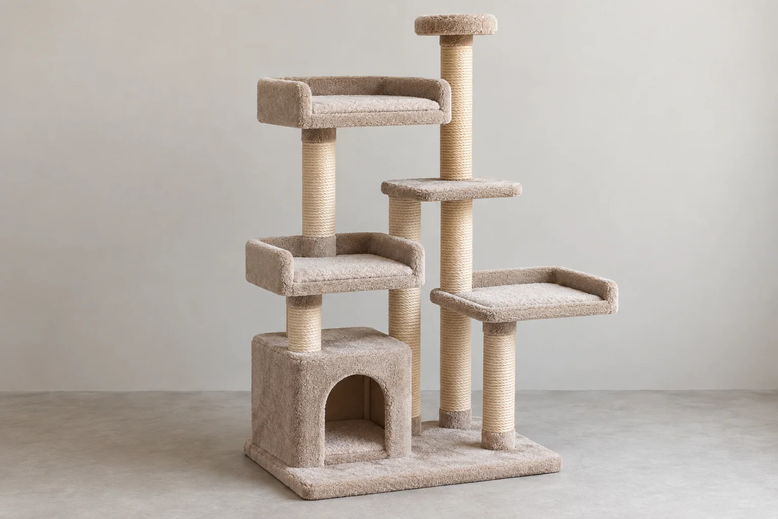Cat tree with rectangular resting platforms and offset circular landings