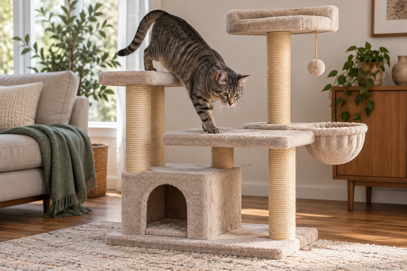 Cat using offset platforms to move down a cat tree