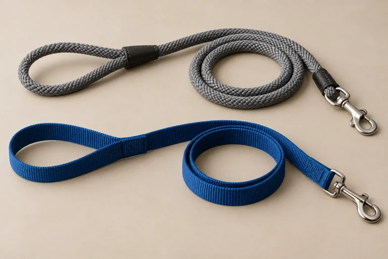 Nylon rope vs nylon tape dog leash formats shown as fixed round and flat leads