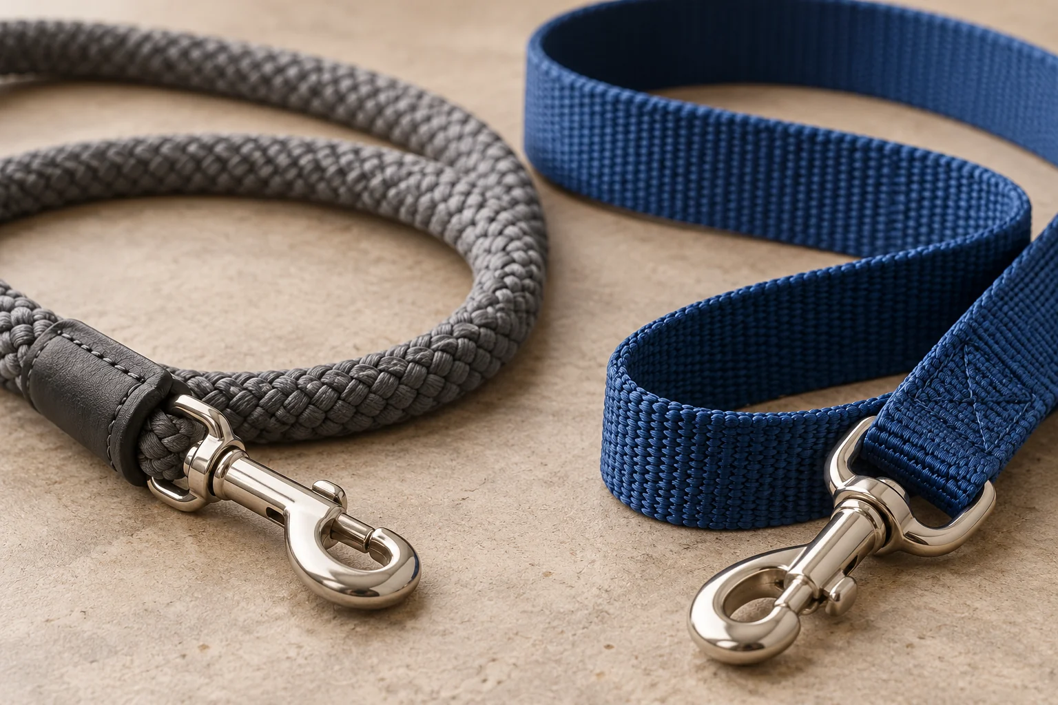Round rope profile beside the broad face and edges of a flat leash strap