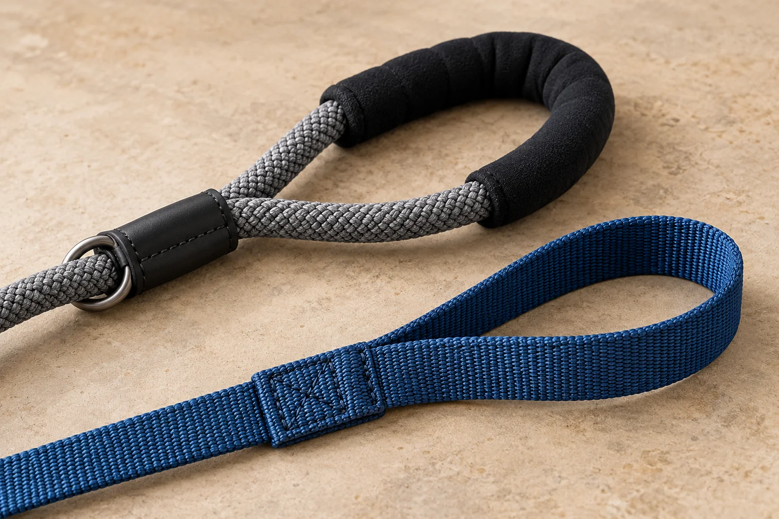 Rope and flat tape leash handles showing loop openings and lining