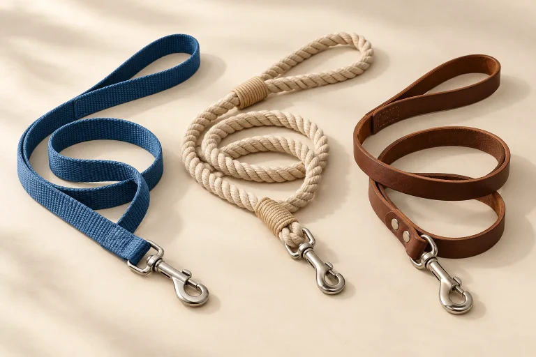 Flat textile, round rope and leather dog leashes with handles and clips