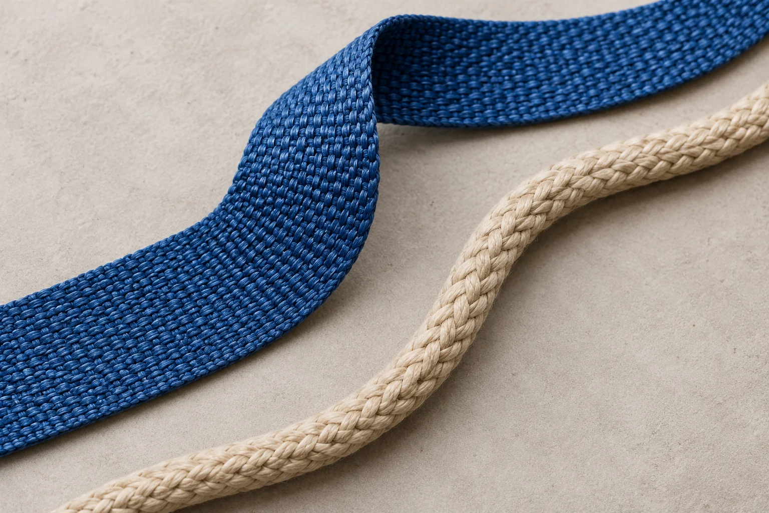 Flat webbing beside round braided rope used in dog leash constructions
